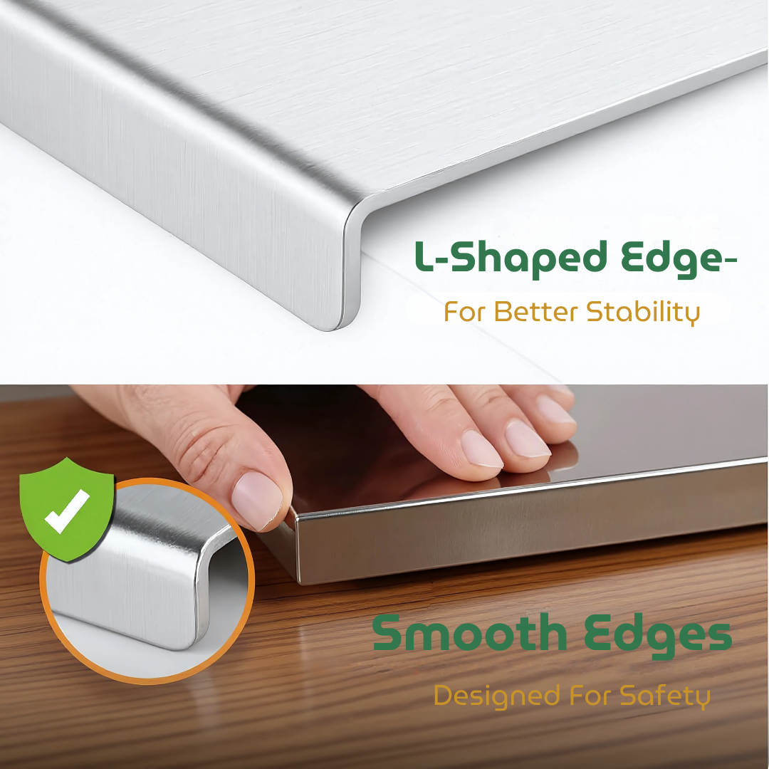 Metallic L-shaped edge design on a product with text highlighting stability and safety features.