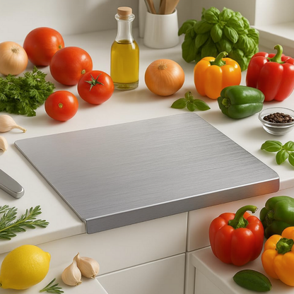 Chopping board on a kitchen counter with vegetables and herbs