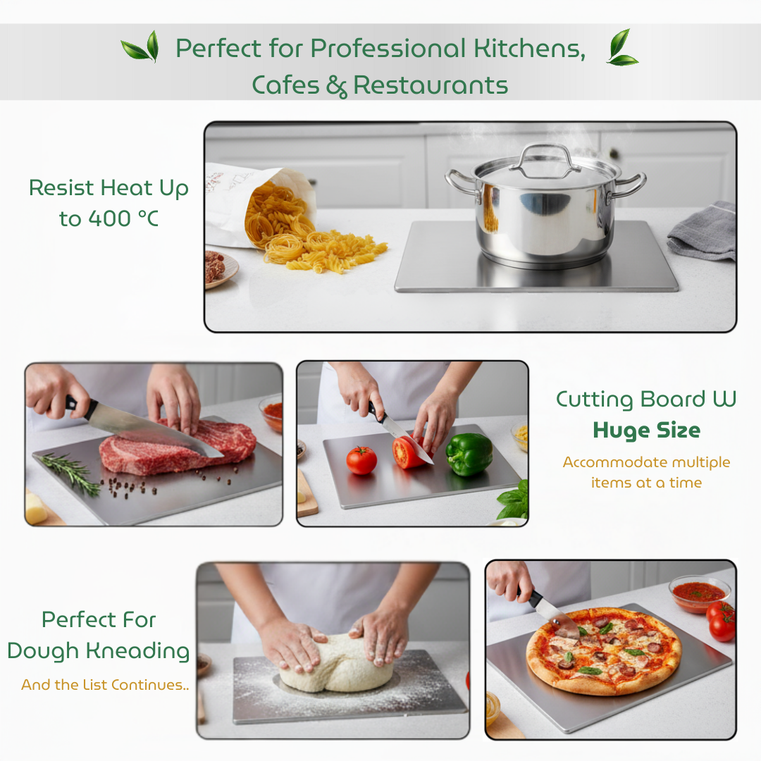 Stainless steel cutting board with various uses in a kitchen setting