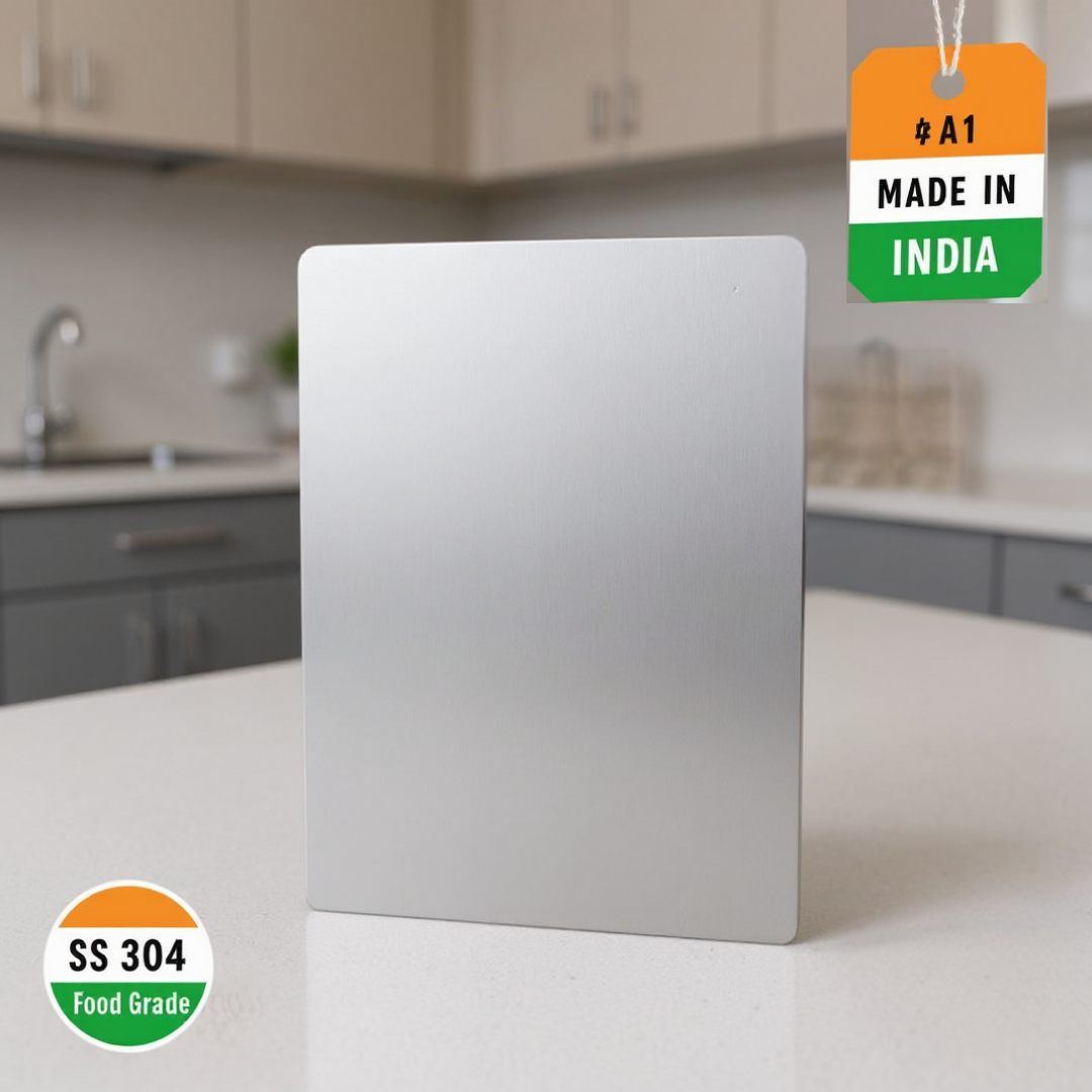 Metal cutting board on a kitchen counter with 'Made in India' and 'SS 304 Food Grade' labels.