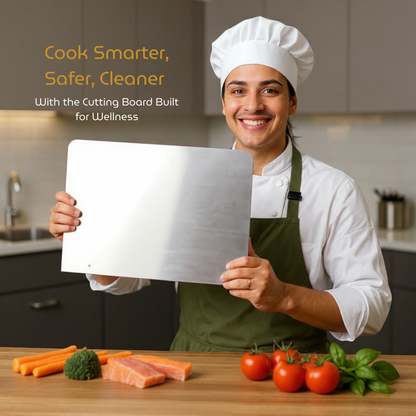 Person in a kitchen holding a cutting board with text about wellness, surrounded by vegetables and fish.