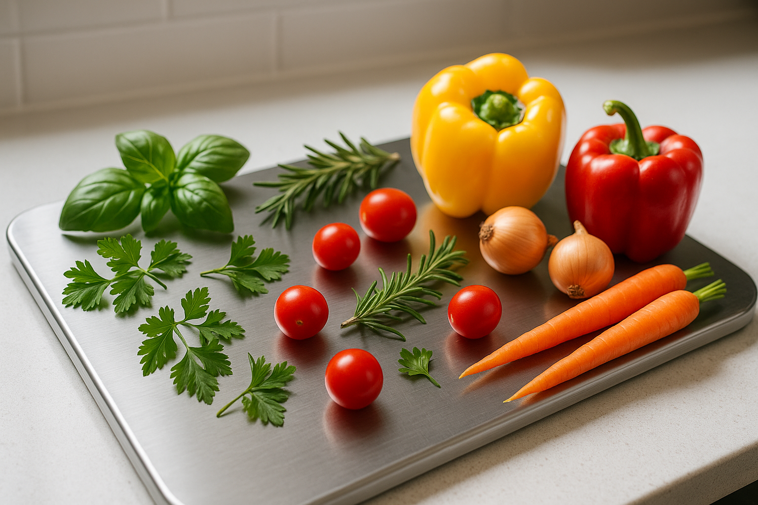 a stainless steel chopping board with some herbs and veggies