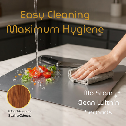 A person is cleaning a chopping board with water and a cloth, emphasising easy cleaning and hygiene.
