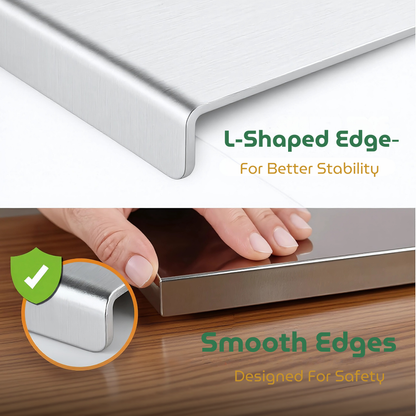 Metallic L-shaped edge design on a product with text highlighting stability and safety features.