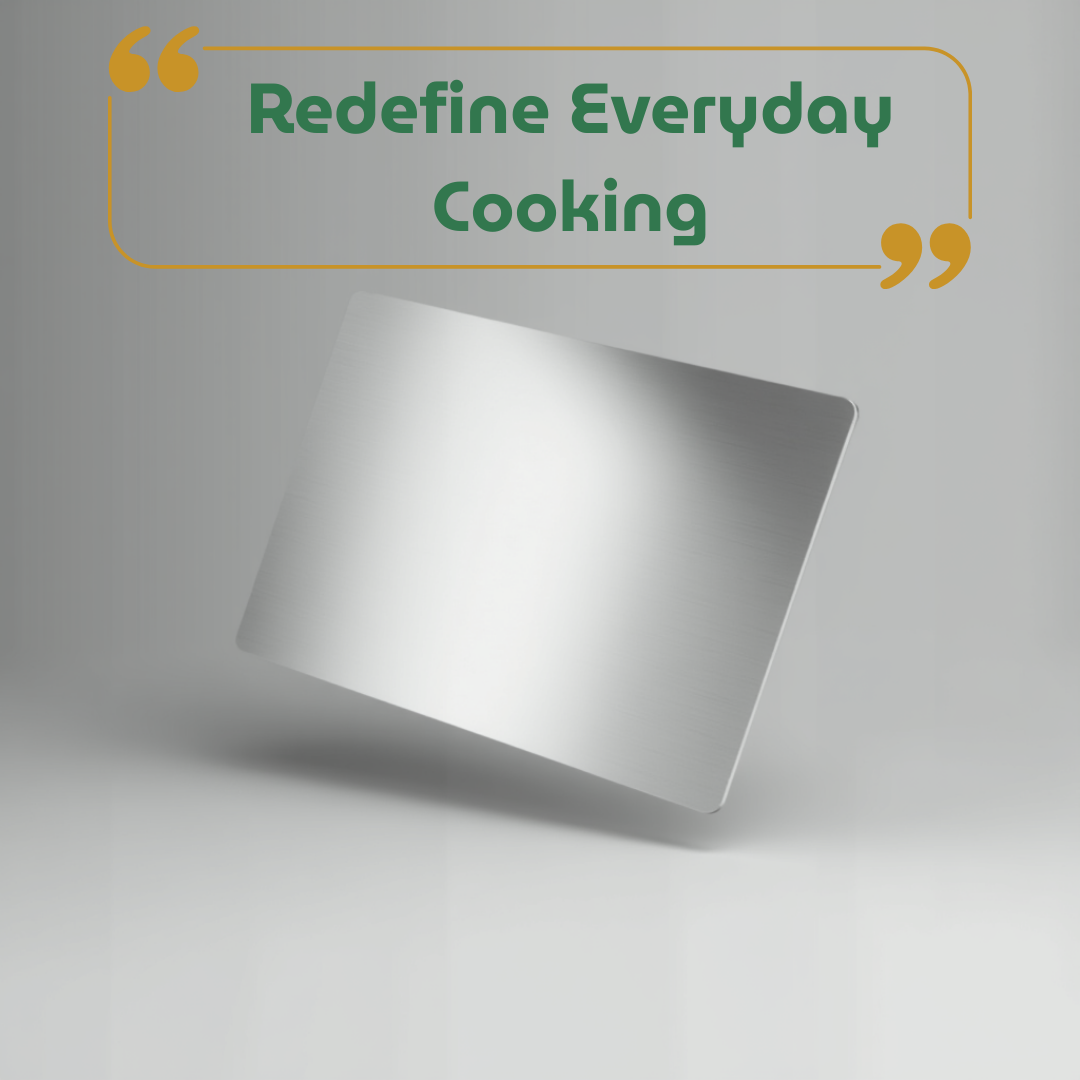White square object on a gray background with text 'Redefine Everyday Cooking' in green and yellow.