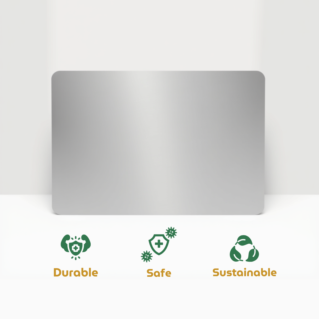 Chopping Board with 'Durable', 'Safe', and 'Sustainable' icons and text on a white background