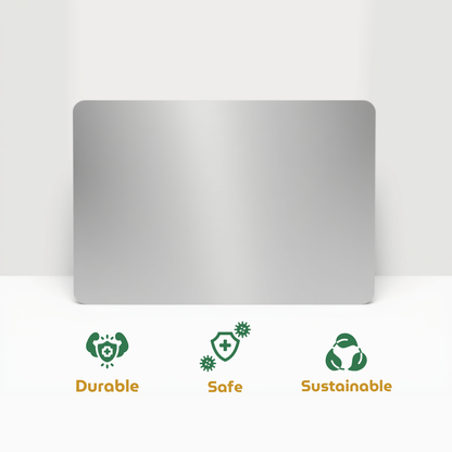 Chopping Board with 'Durable', 'Safe', and 'Sustainable' icons and text on a white background